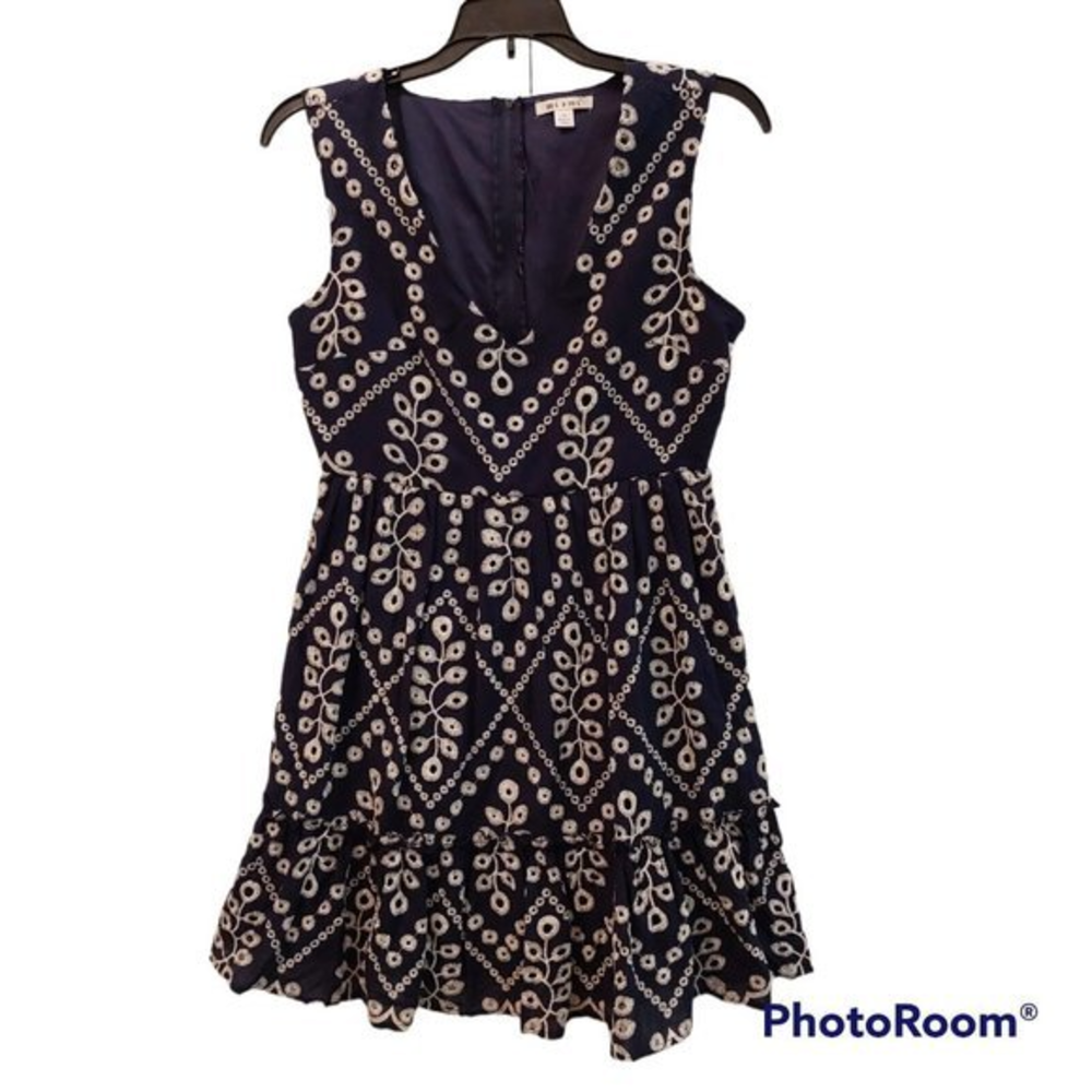 Miami Fit &‎ Flare Womens V-neck Dress Embroidered Cotton Blue Mini Dress Size M